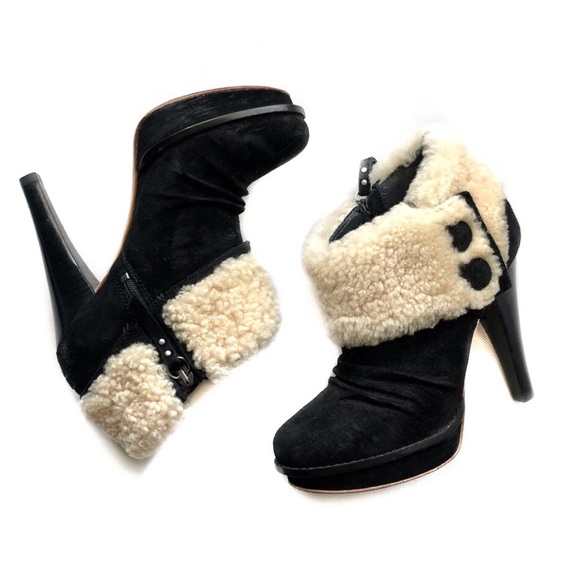 UGG Suede + Fur Slouch Platform Heel Ankle Bootie - Picture 2 of 7